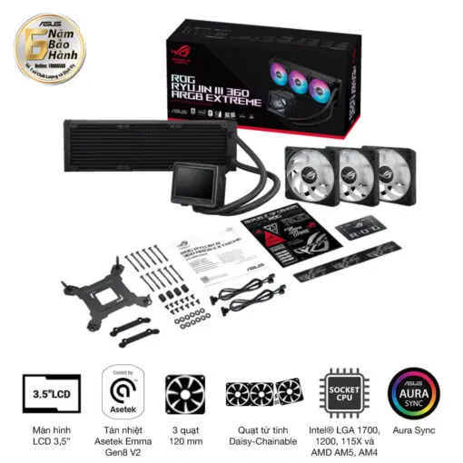 ASUS ROG Ryujin III 360 ARGB Extreme AIO Liquid CPU Cooler - 3.5 inch (640 x 480) LCD Display, 360mm radiator, Asetek Emma Gen8 V2 pump, 3x ROG 120mm ARGB Fans