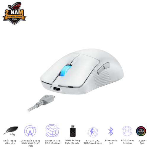 ASUS ROG Harpe Ace Mini White Gaming Mouse - 49g ultra-lightweight, Wireless 2.4GHz RF, Bluetooth, Wired, 42K DPI Sensor