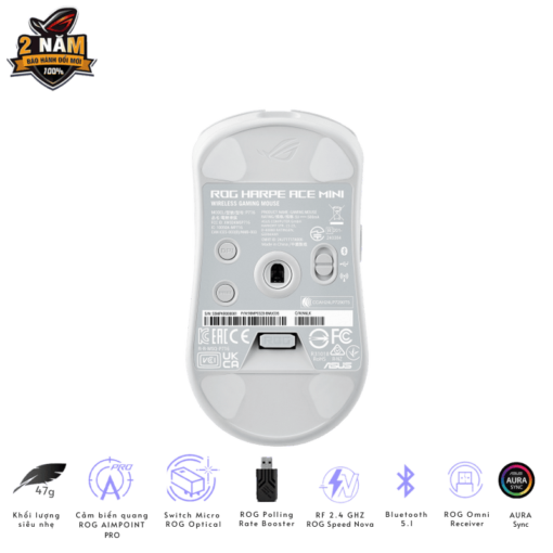 ASUS ROG Harpe Ace Mini White Gaming Mouse - 49g ultra-lightweight, Wireless 2.4GHz RF, Bluetooth, Wired, 42K DPI Sensor