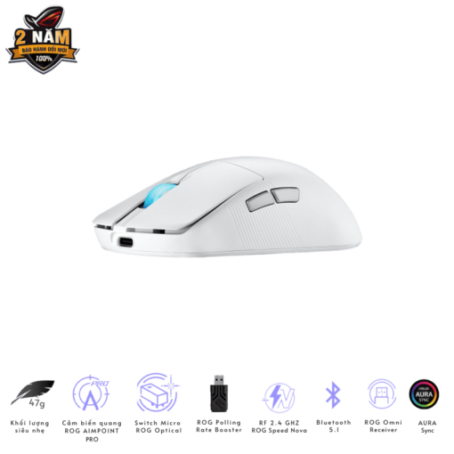 ASUS ROG Harpe Ace Mini White Gaming Mouse - 49g ultra-lightweight, Wireless 2.4GHz RF, Bluetooth, Wired, 42K DPI Sensor
