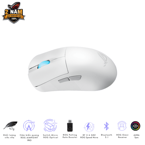 ASUS ROG Harpe Ace Mini White Gaming Mouse - 49g ultra-lightweight, Wireless 2.4GHz RF, Bluetooth, Wired, 42K DPI Sensor
