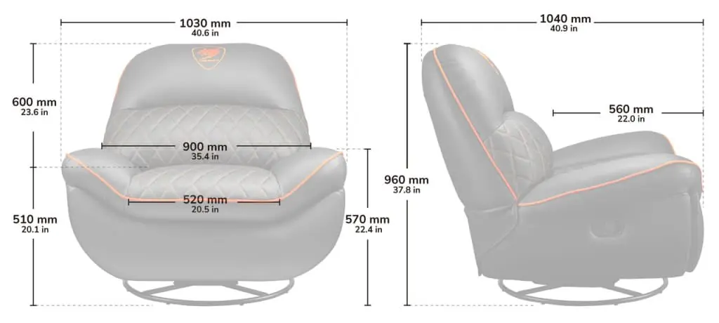 Cougar OVERLORD Gaming Sofa Chair - PVC leatherette, Black Orange, 150kg weight support 38 OVERLORD Dimension1 1024x460 1