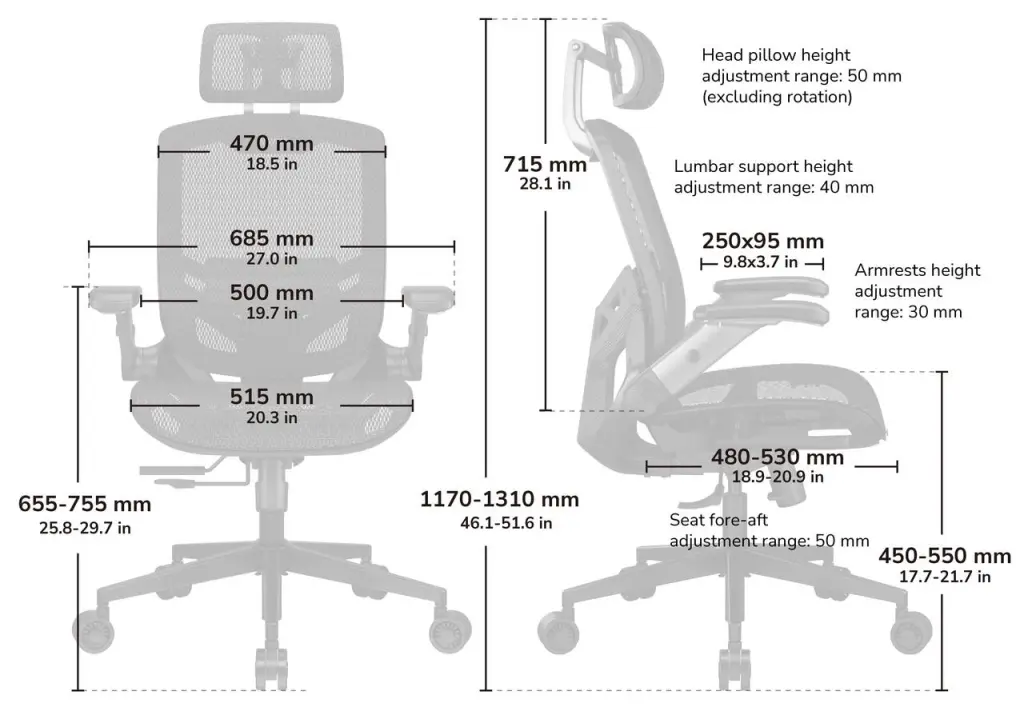 Cougar SPEEDER ONE Ergonomic Gaming Chair - Black, Mesh fabric, 2D armrest, 3D headrest 60 SPEEDER ONE dimensions 1024x707 1
