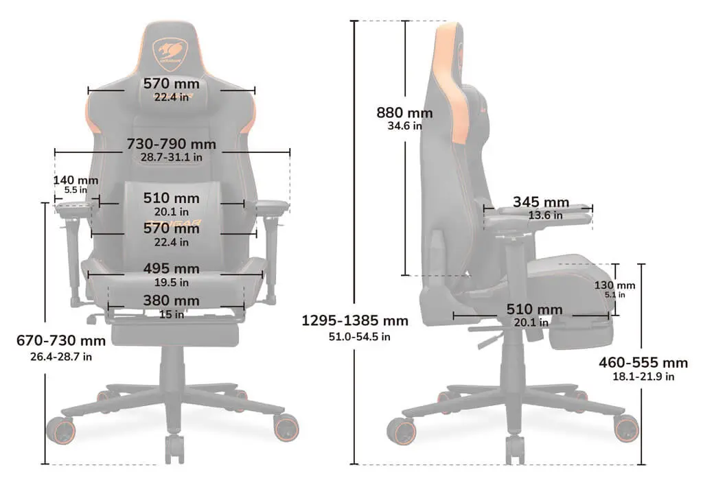 Cougar Armor EVO M Gaming Chair - Orange, Magnetic Memory Foam Neck Pillow, PVC leather, Full steel frame, 5D armrest, Footrest, Lumbar Cushion 34 dimension 1