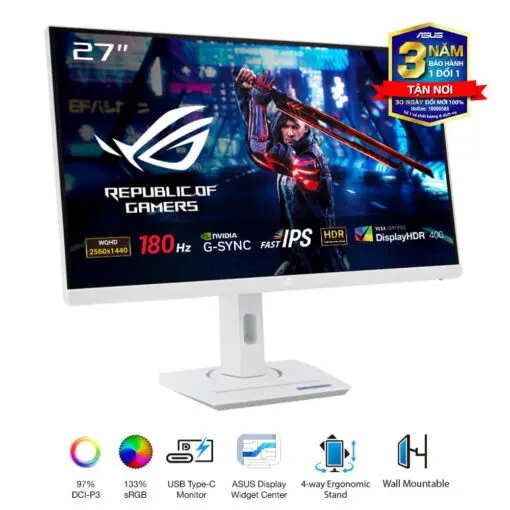 ASUS ROG Strix XG27ACS-W Gaming Monitor - White, 27 inch, 2K (2560x1440), IPS, 180Hz, 1ms GTG, ELMB, G-Sync compatible, FreeSync, DisplayHDR™ 400, Tripod socket