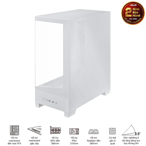 ASUS A31 White ATX Mid-Tower Case - BTF Hidden Connectors, 8° Angled Base, Dual-Sided Tempered Glass