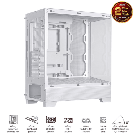ASUS A31 White ATX Mid-Tower Case - BTF Hidden Connectors, 8° Angled Base, Dual-Sided Tempered Glass