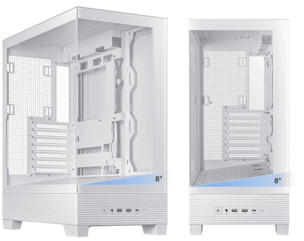 ASUS A31 White ATX Mid-Tower Case - BTF Hidden Connectors, 8° Angled Base, Dual-Sided Tempered Glass 44 ASUS A31 angled base 1