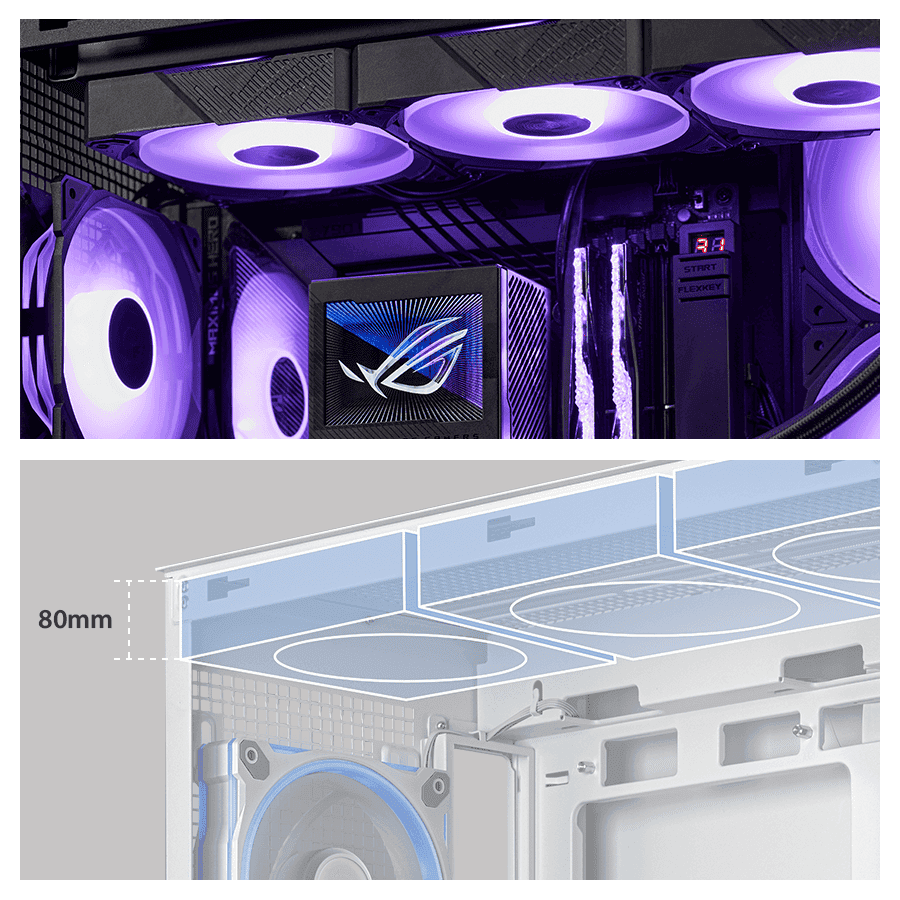 ASUS A31 White ATX Mid-Tower Case - BTF Hidden Connectors, 8° Angled Base, Dual-Sided Tempered Glass 43 ASUS A31 cooling