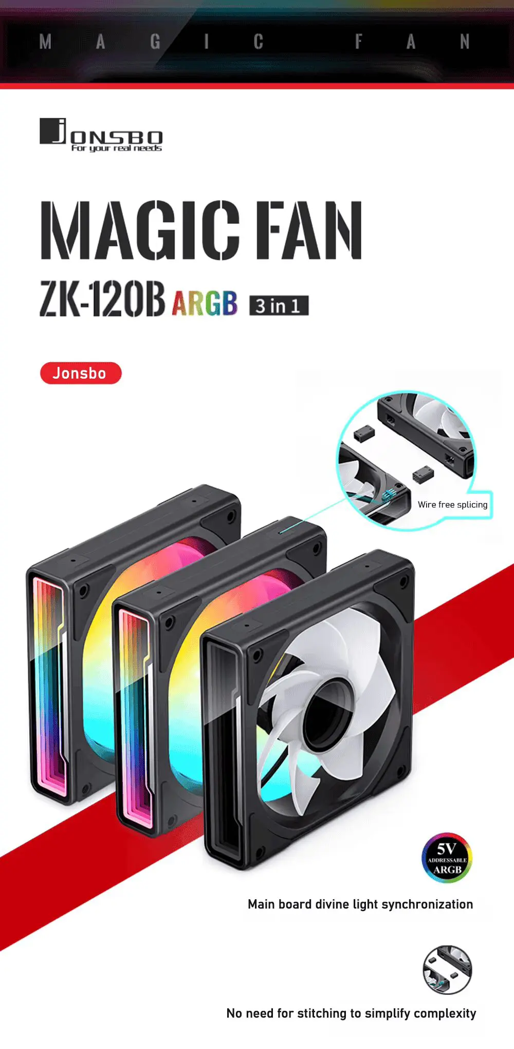 JONSBO ZK-120B Black Fan Case - 3in1, 3x120mm 5V/3Pin ARGB Wire-free, PWM 43 zk120B 1