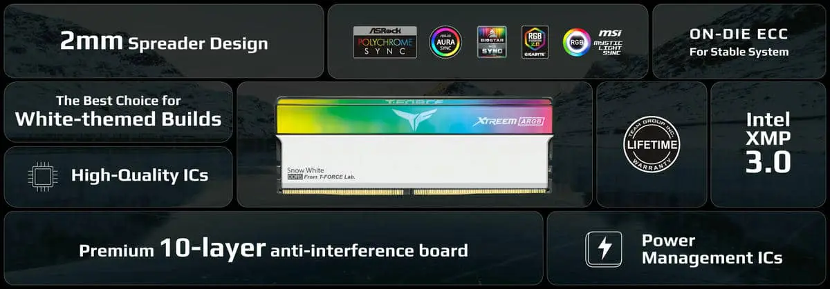 TeamGroup T-Force XTREEM ARGB White Edition 32GB Memory Kit - White, 32GB (2 x 16GB) 7200MHz CL34 (FFAD532G7200HC34ADC01) 16 09 wt