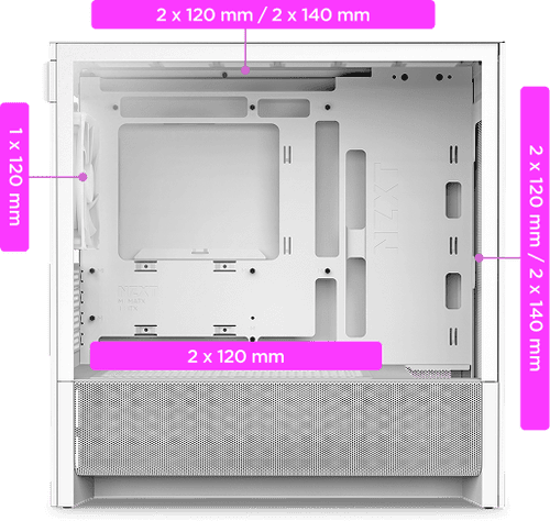 NZXT H3 Flow White MATX Airflow Case - All White, 1x F120Q (CV) Fan 24 H3 7 Fan Capacity