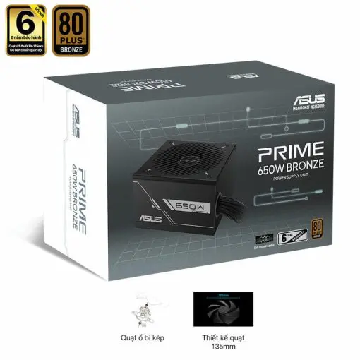 ASUS Prime 650B Black PSU - 650W Bronze, Dual Ball Fan Bearings, 135mm Fan Design