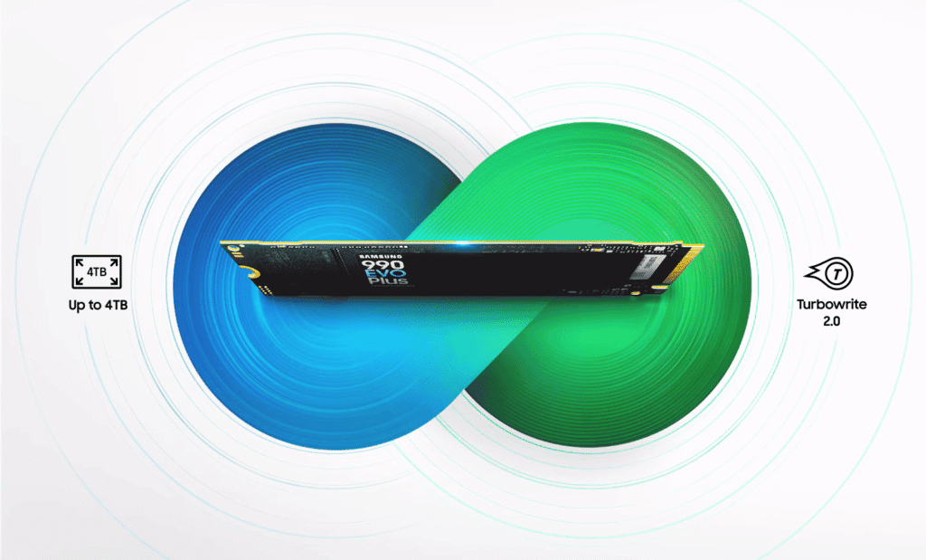 Samsung 990 EVO Plus 2TB (MZ-V9S2T0BW) SSD - M.2 2280 NVMe 2.0, PCIe Gen 4x4, Gen 5x2, 6.300 MB/s write, 7.250 MB/s read 14 990evo feature4 pc