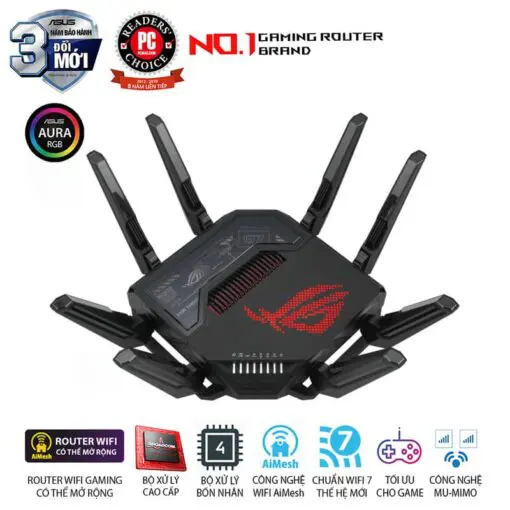 ASUS ROG Rapture GT-BE98 WiFi 7 Gaming Router - BE25000 Quad-band AiMesh, AURA RGB, 8x External antenna