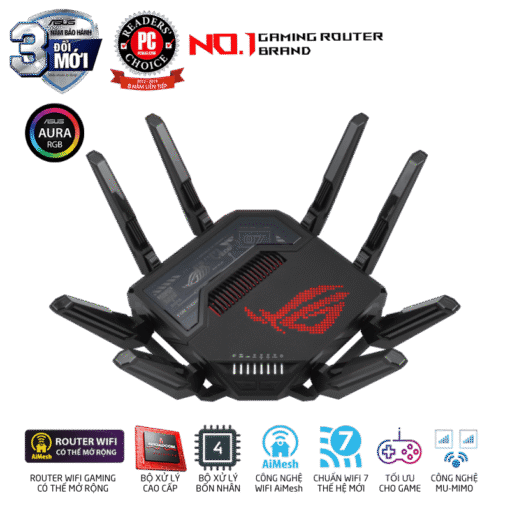 ASUS ROG Rapture GT-BE98 WiFi 7 Gaming Router - BE25000 Quad-band AiMesh, AURA RGB, 8x External antenna