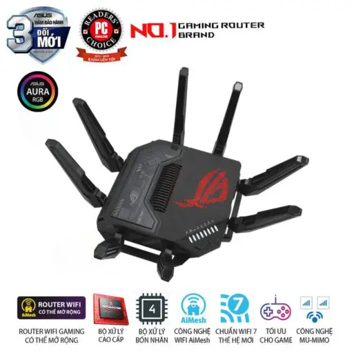 ASUS ROG Rapture GT-BE98 WiFi 7 Gaming Router - BE25000 Quad-band AiMesh, AURA RGB, 8x External antenna