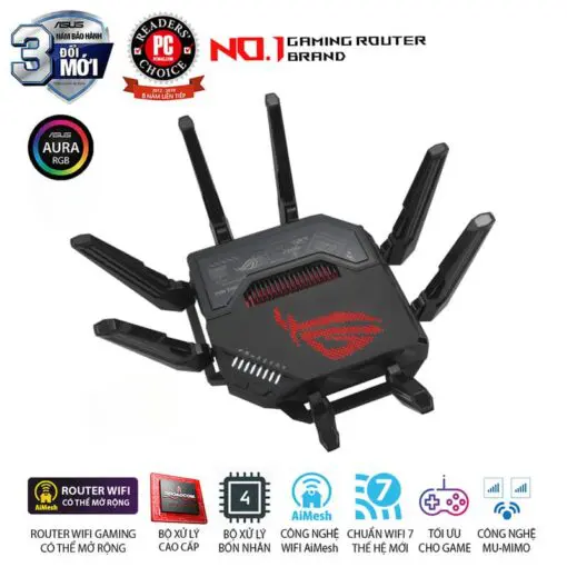 ASUS ROG Rapture GT-BE98 WiFi 7 Gaming Router - BE25000 Quad-band AiMesh, AURA RGB, 8x External antenna