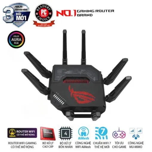ASUS ROG Rapture GT-BE98 WiFi 7 Gaming Router - BE25000 Quad-band AiMesh, AURA RGB, 8x External antenna