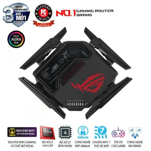 ASUS ROG Rapture GT-BE98 WiFi 7 Gaming Router - BE25000 Quad-band AiMesh, AURA RGB, 8x External antenna
