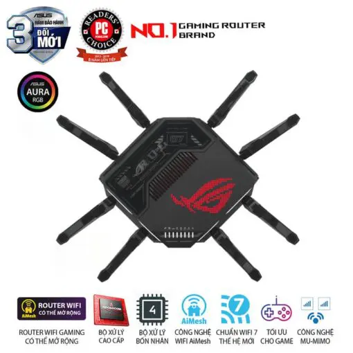 ASUS ROG Rapture GT-BE98 WiFi 7 Gaming Router - BE25000 Quad-band AiMesh, AURA RGB, 8x External antenna