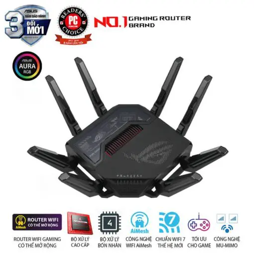 ASUS ROG Rapture GT-BE98 WiFi 7 Gaming Router - BE25000 Quad-band AiMesh, AURA RGB, 8x External antenna