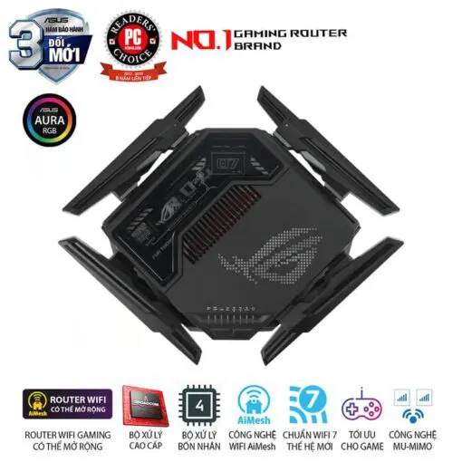 ASUS ROG Rapture GT-BE98 WiFi 7 Gaming Router - BE25000 Quad-band AiMesh, AURA RGB, 8x External antenna