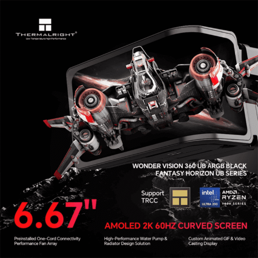 THERMALRIGHT Wonder Vision 360 UB ARGB Black AIO Liquid CPU Cooler - 6.67'' Curved Screen 3D Effect, 2150RPM TL-UB36 Fans