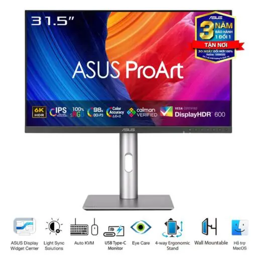 ASUS ProArt PA32QCV Professional Monitor - 32” IPS, 16:9, UHD 6K (6016 x 3384), ΔE < 2, Calman Verified, USB-C 96W, 60Hz, Ergonomic Stand