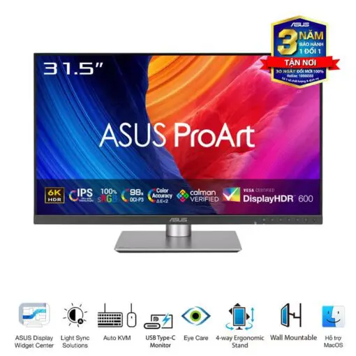 ASUS ProArt PA32QCV Professional Monitor - 32” IPS, 16:9, UHD 6K (6016 x 3384), ΔE < 2, Calman Verified, USB-C 96W, 60Hz, Ergonomic Stand