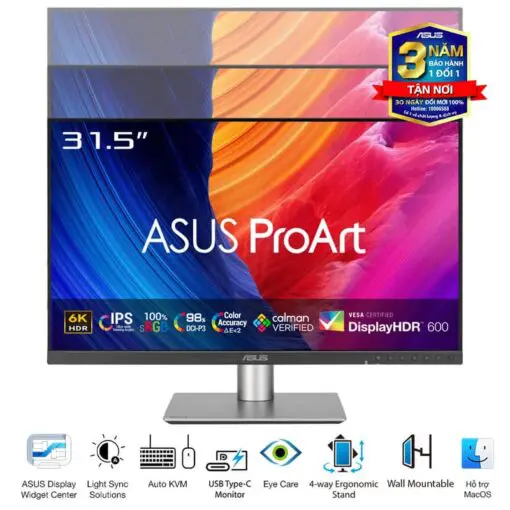 ASUS ProArt PA32QCV Professional Monitor - 32” IPS, 16:9, UHD 6K (6016 x 3384), ΔE < 2, Calman Verified, USB-C 96W, 60Hz, Ergonomic Stand