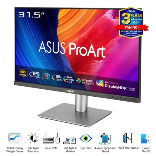 ASUS ProArt PA32QCV Professional Monitor - 32” IPS, 16:9, UHD 6K (6016 x 3384), ΔE < 2, Calman Verified, USB-C 96W, 60Hz, Ergonomic Stand