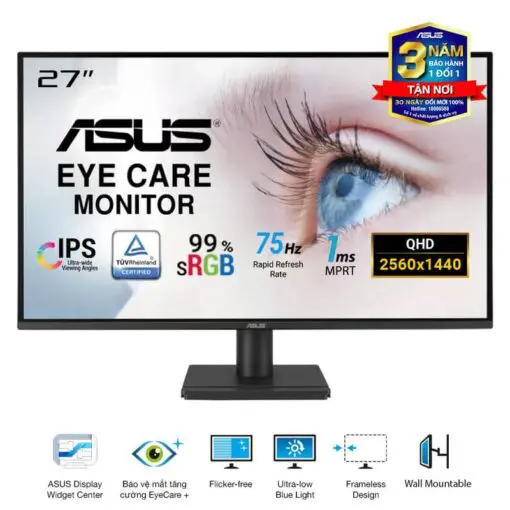 ASUS VA27AQ Eye Care Monitor - 27 inch, IPS QHD (2560 x 1440) Frameless, 75Hz, D-Sub (VGA) + DisplayPort + HDMI