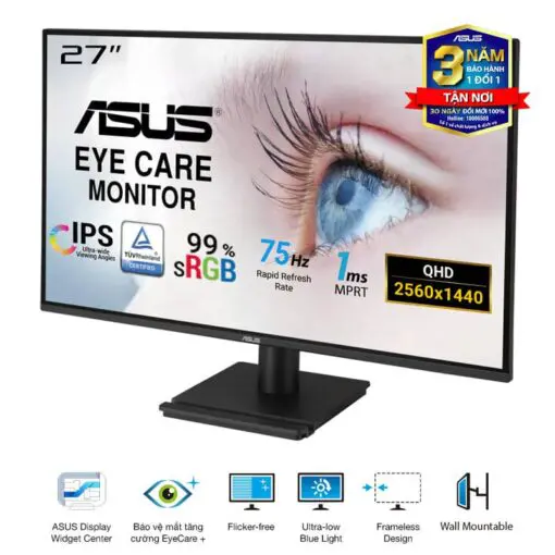 ASUS VA27AQ Eye Care Monitor - 27 inch, IPS QHD (2560 x 1440) Frameless, 75Hz, D-Sub (VGA) + DisplayPort + HDMI