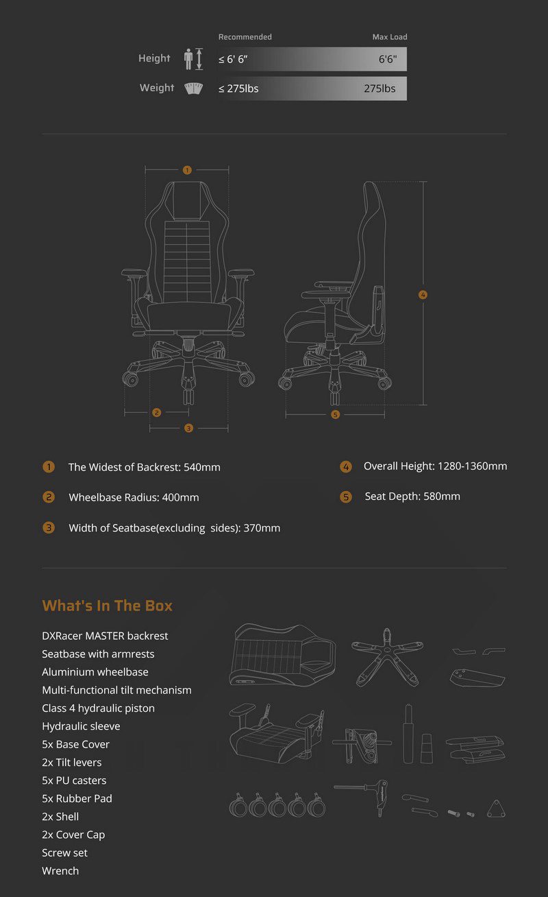 DXRacer MASTER DM1200 DMCIA233S Gaming Chair Specs