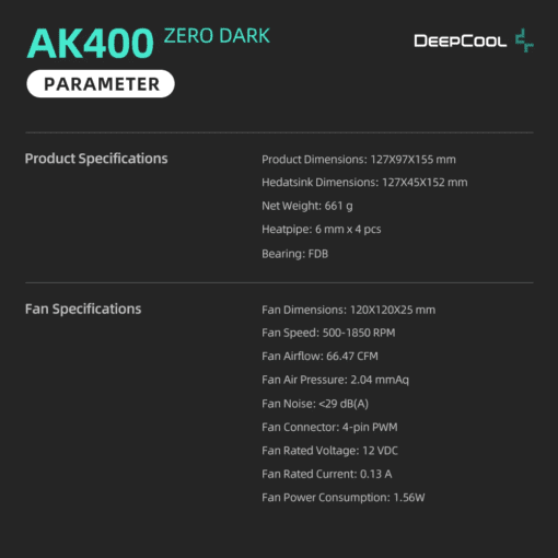 DeepCool PWM CPU Air Cooler AK400 Zero Dark 1850RPM With 12cm Fan 6 Heatpipe Radiator Chip.jpg 1