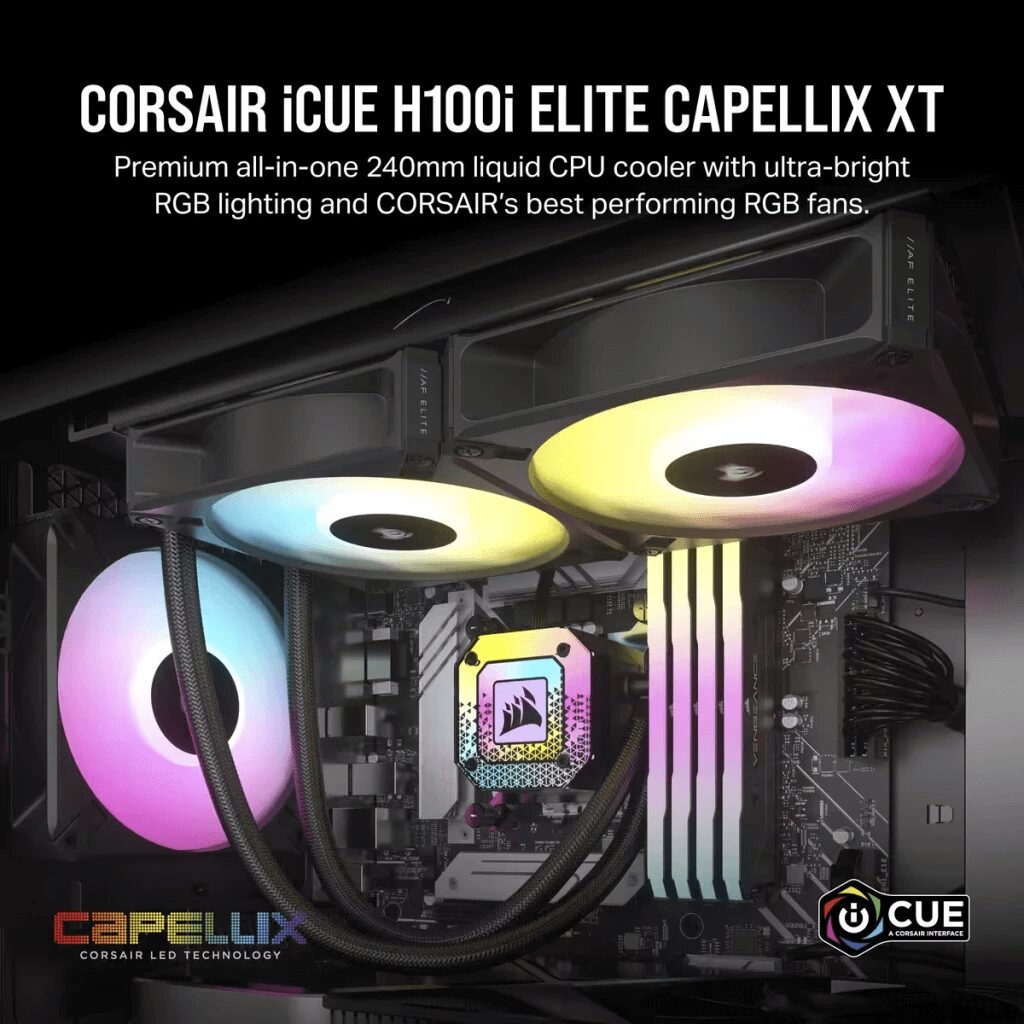 CORSAIR iCUE H100i ELITE CAPELLIX XT Liquid CPU Cooler (CW-9060068-WW) - 240mm radiator, 2x 120mm AF RGB ELITE PWM fans, ultra-bright CAPELLIX LEDs 38 iCUE H100i ELITE CAPELLIX XT 2