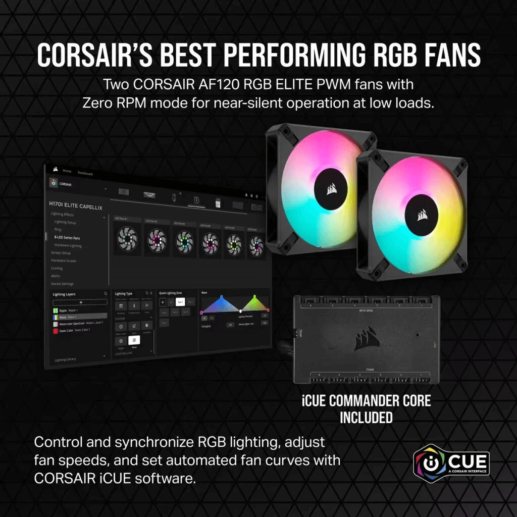 CORSAIR iCUE H100i ELITE CAPELLIX XT Liquid CPU Cooler (CW-9060068-WW) - 240mm radiator, 2x 120mm AF RGB ELITE PWM fans, ultra-bright CAPELLIX LEDs 39 iCUE H100i ELITE CAPELLIX XT 3