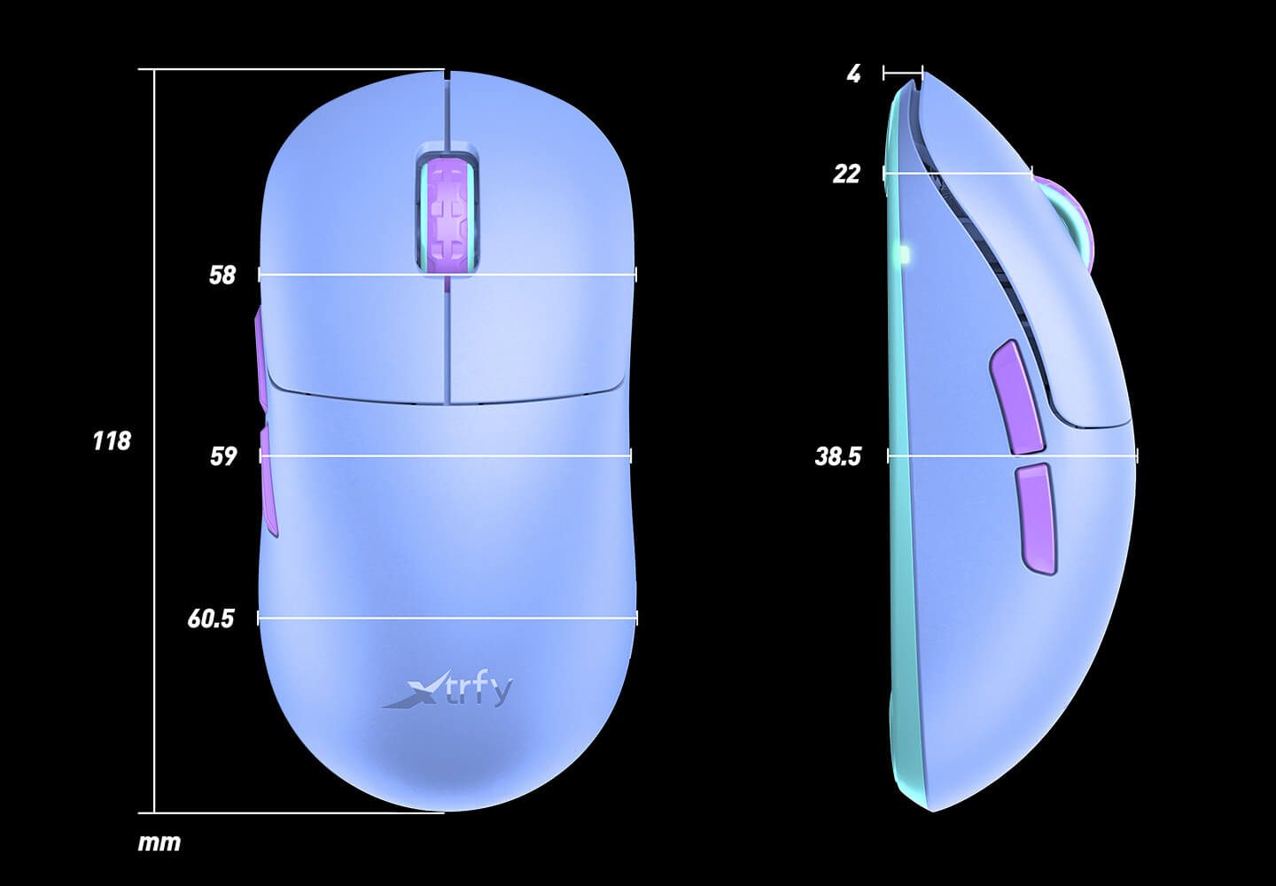 Xtrfy M8 WirelessPurple Gaming Mouse size