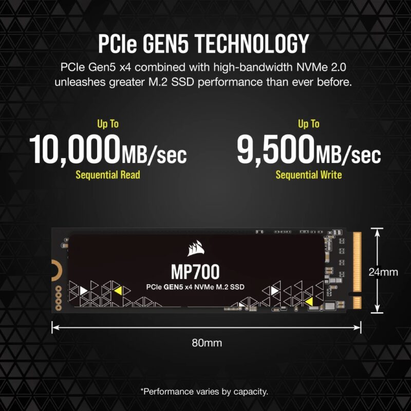 CORSAIR MP700 1TB PCIe 5.0 (Gen 5) x4 NVMe M.2 SSD - High-Density TLC NAND, Aluminum Heatsink, DirectStorage Compatible, Up to 10,000MB/sec 16 MP700 GEN5 2TB 03