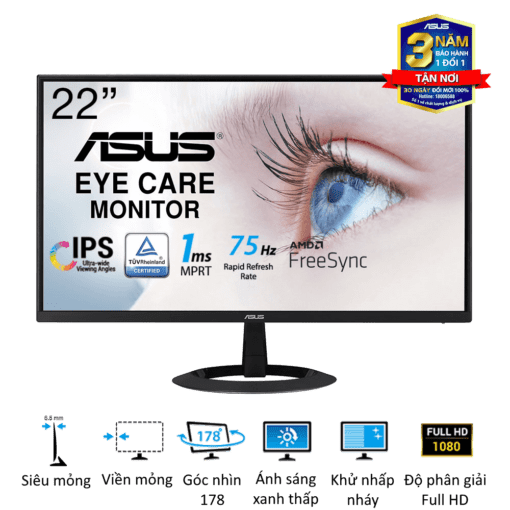 ASUS VZ22EHE Eye Care Monitor - 22 inch Full HD (1920 x 1080), IPS, 75Hz, Adaptive-Sync, HDMI, Low blue light, Flicker free, Ultra-slim