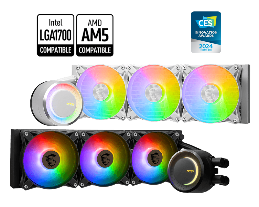 MSI MAG CORELIQUID E360 White AIO Liquid CPU Cooler - ARGB, 360mm radiator, 3 x 120mm ARGB PWN Fans 30 MAG E360 SPEC