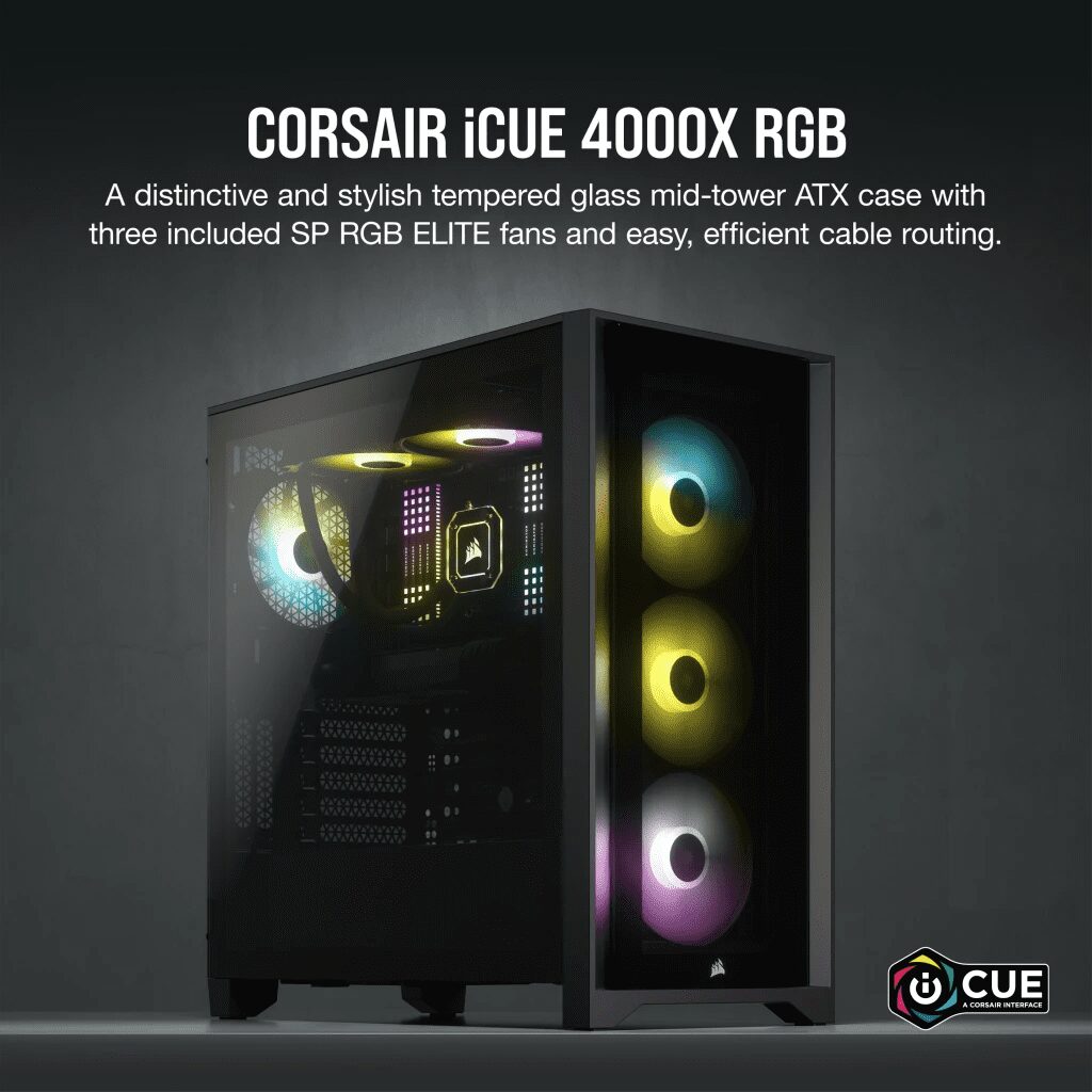 CORSAIR iCUE 4000X RGB Black ATX Mid-Tower PC Case - 3x SP120 RGB ELITE Fans, iCUE Lighting Node Core Controller, Mid Tower ATX 34 4000X BLACK 02