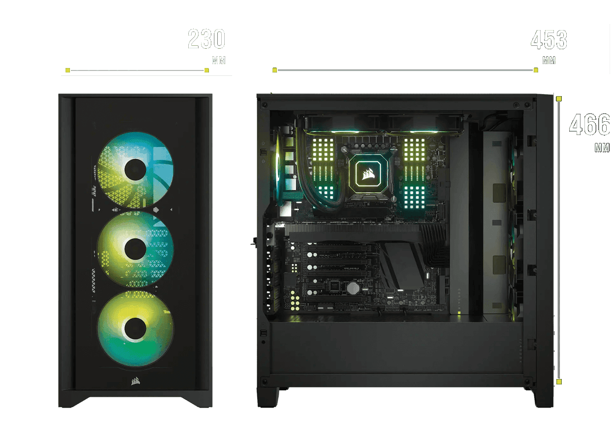 CORSAIR iCUE 4000X RGB Black ATX Mid-Tower PC Case - 3x SP120 RGB ELITE Fans, iCUE Lighting Node Core Controller, Mid Tower ATX 9 4000X BLACK dimension