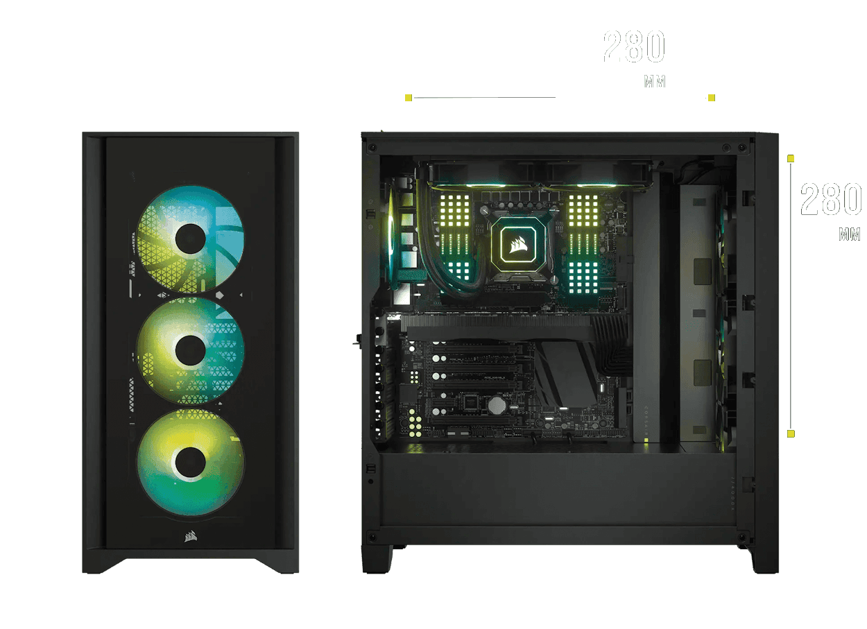 CORSAIR iCUE 4000X RGB Black ATX Mid-Tower PC Case - 3x SP120 RGB ELITE Fans, iCUE Lighting Node Core Controller, Mid Tower ATX 13 4000X BLACK rad 140