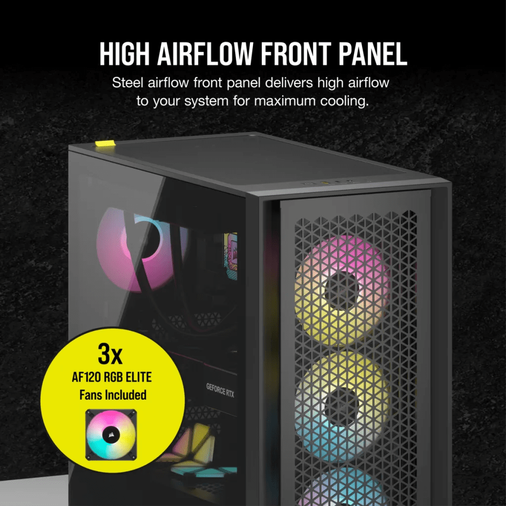 iCUE 4000D RGB AIRFLOW Mid Tower Case Black 3x AF120 RGB ELITE Fans iCUE Lighting Node PRO Controller High 2