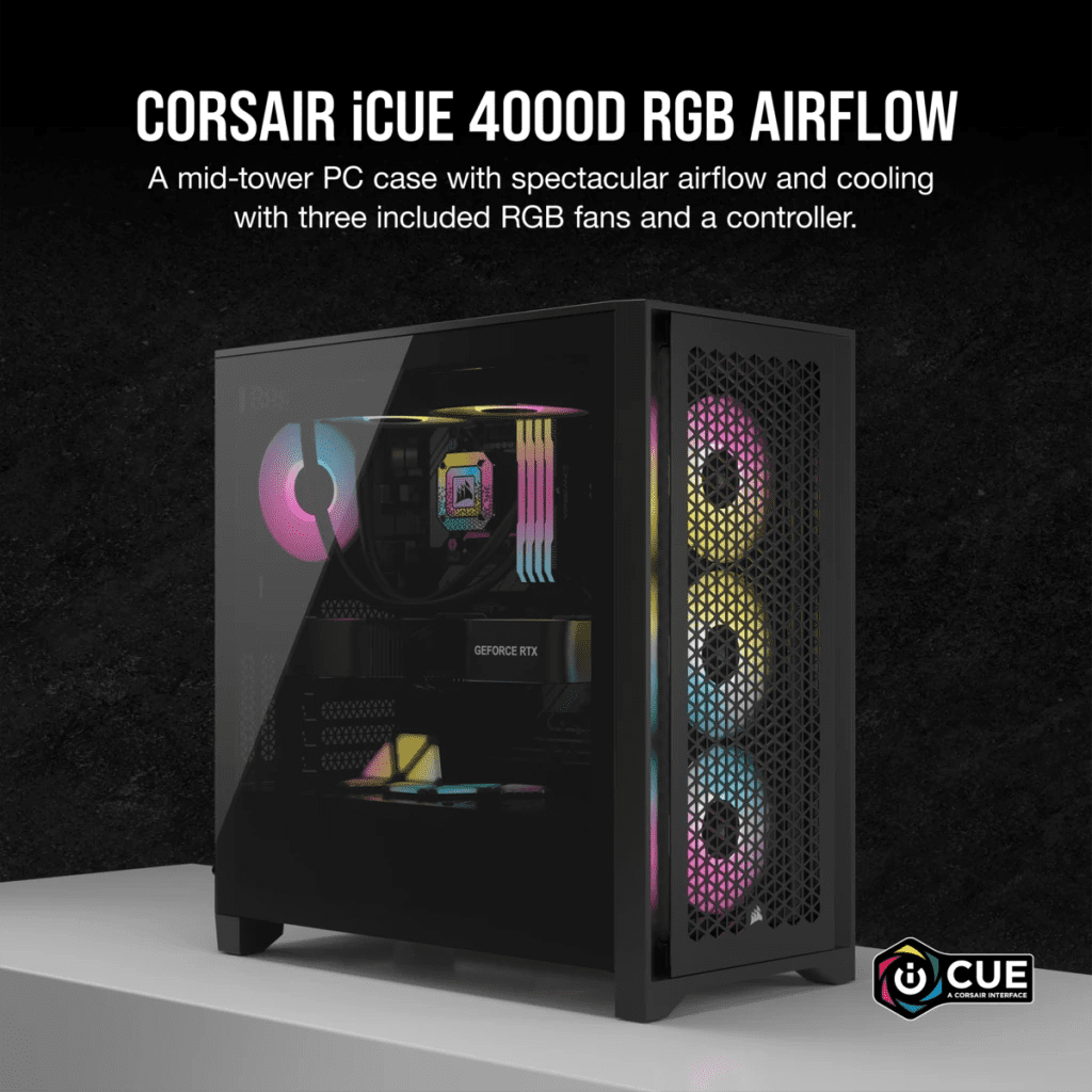 iCUE 4000D RGB AIRFLOW Mid Tower Case Black 3x AF120 RGB ELITE Fans iCUE Lighting Node PRO Controller High 3