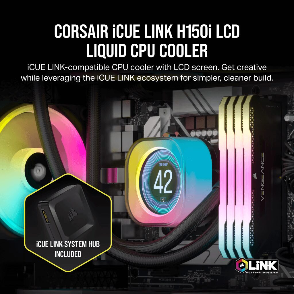CORSAIR iCUE LINK H150i LCD Liquid CPU Cooler (CW-9061008-WW) - Black, 360mm radiator, 3x 120mm QX120 RGB fans, iCUE LINK System Hub included 28 iCUE LINK H150i LCD BLK 02