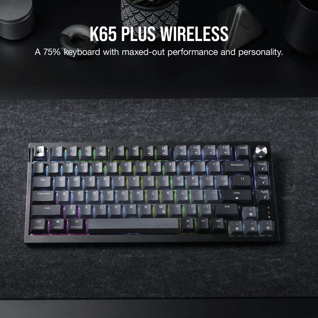 CORSAIR K65 PLUS WIRELESS Black Gold Gaming Keyboard - 75% RGB, PreLub MLX Red Linear Switches, Top Mounted, Dual-Layer Sound Dampening, PBT Keycaps, QWERTY NA 36 K65 PLUS WIRELESS 02