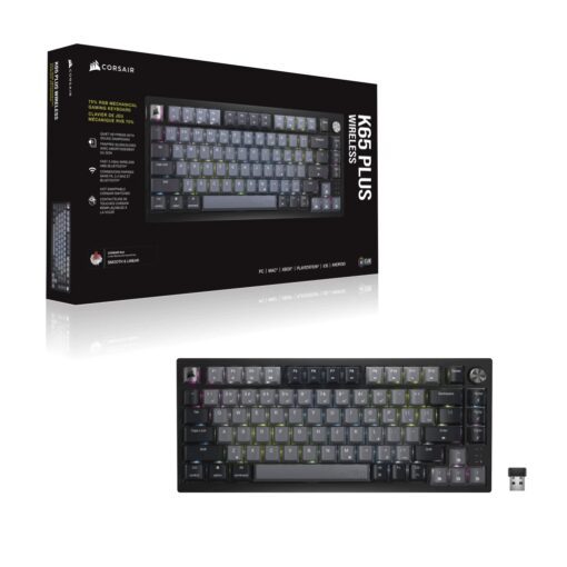 CORSAIR K65 PLUS WIRELESS Black Grey Gaming Keyboard - 75% RGB, PreLub MLX Red Linear Switches, Top Mounted, Dual-Layer Sound Dampening, PBT Keycaps, QWERTY NA
